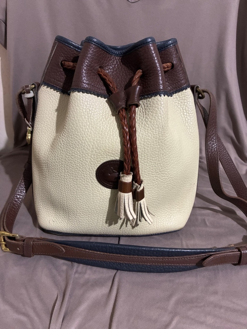 Classic Two-Tone Leather Drawstring Bucket Bag - Cream & Brown